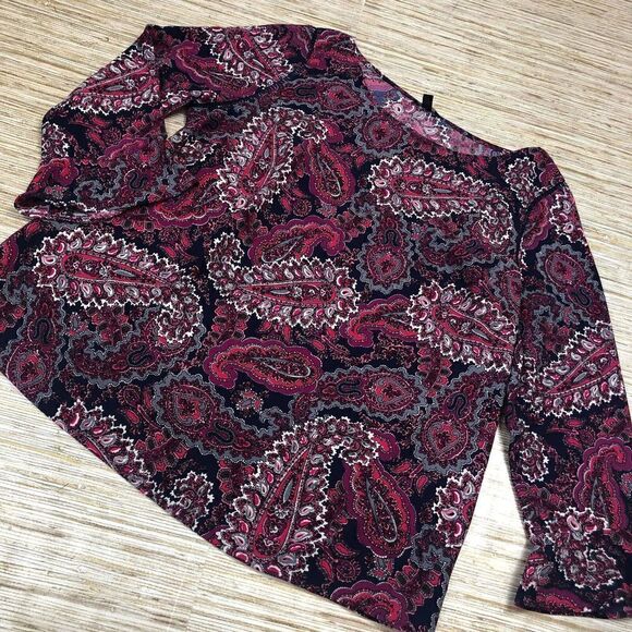 D-291 Talbots Blouse Paisley Print Top Ruffle Sleeve Navy Pink sz S petite - Picture 1 of 1